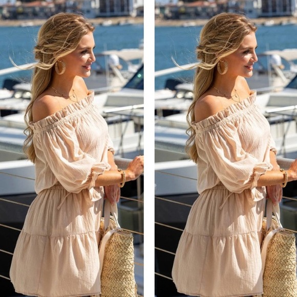 Beige Off the Shoulder Cotton Mini Dress - Picture 3 of 5